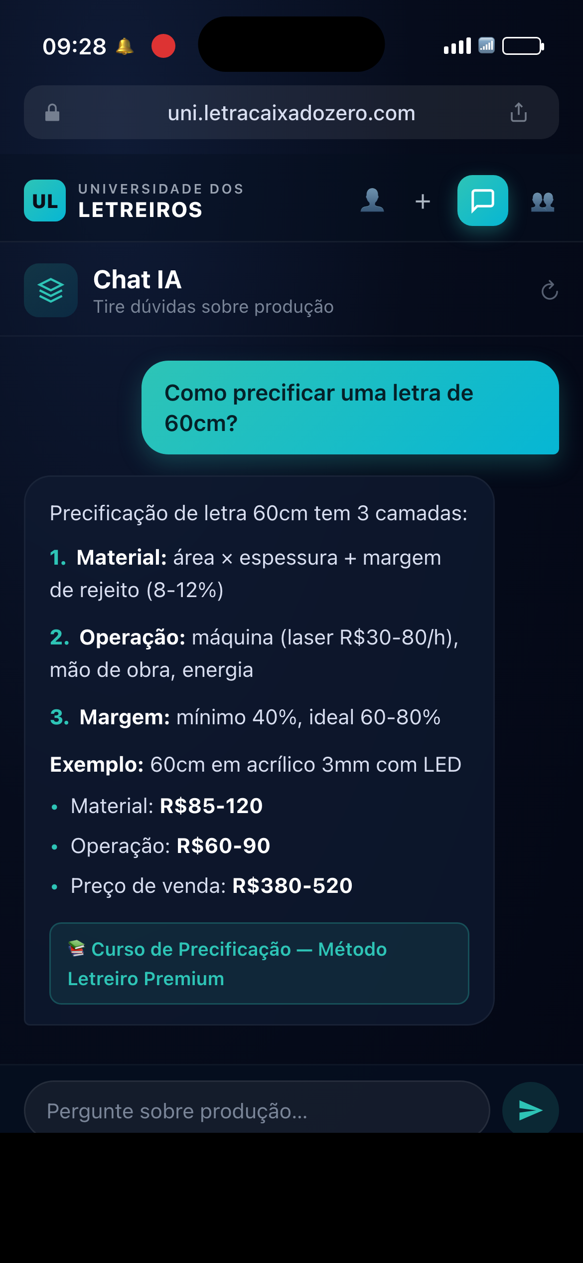 Chat IA - Precificacao letra 60cm
